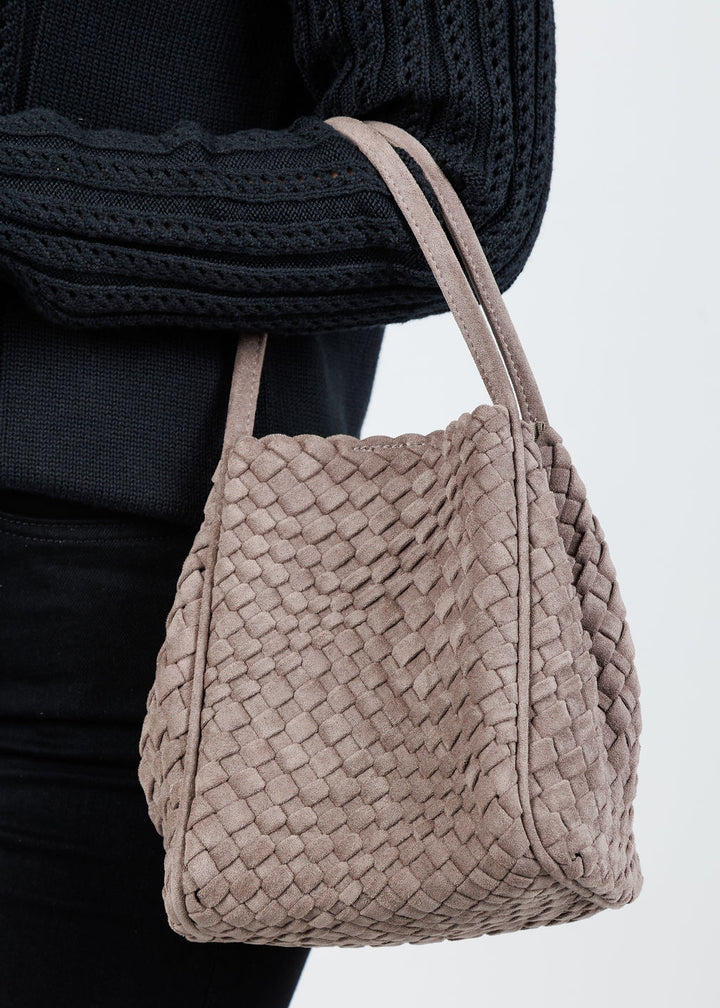 Remi/Reid Hollace Faux Suede Mini Woven Tote Bag in Dark Taupe available at Barbara Katz