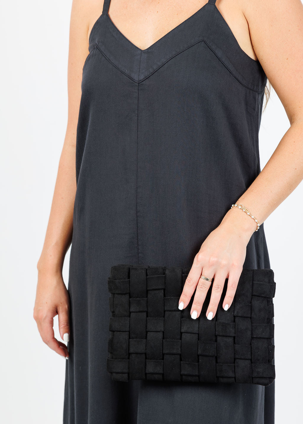 Remi/Reid Lindy Large Faux Suede Clutch Bag in Black available at Barbara Katz