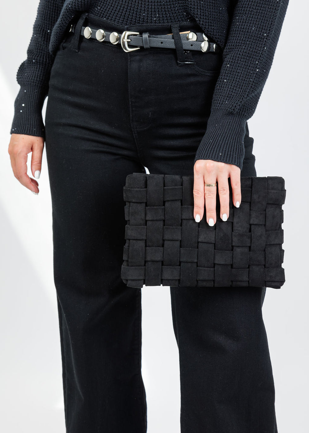 Remi/Reid Lindy Large Faux Suede Clutch Bag in Black available at Barbara Katz
