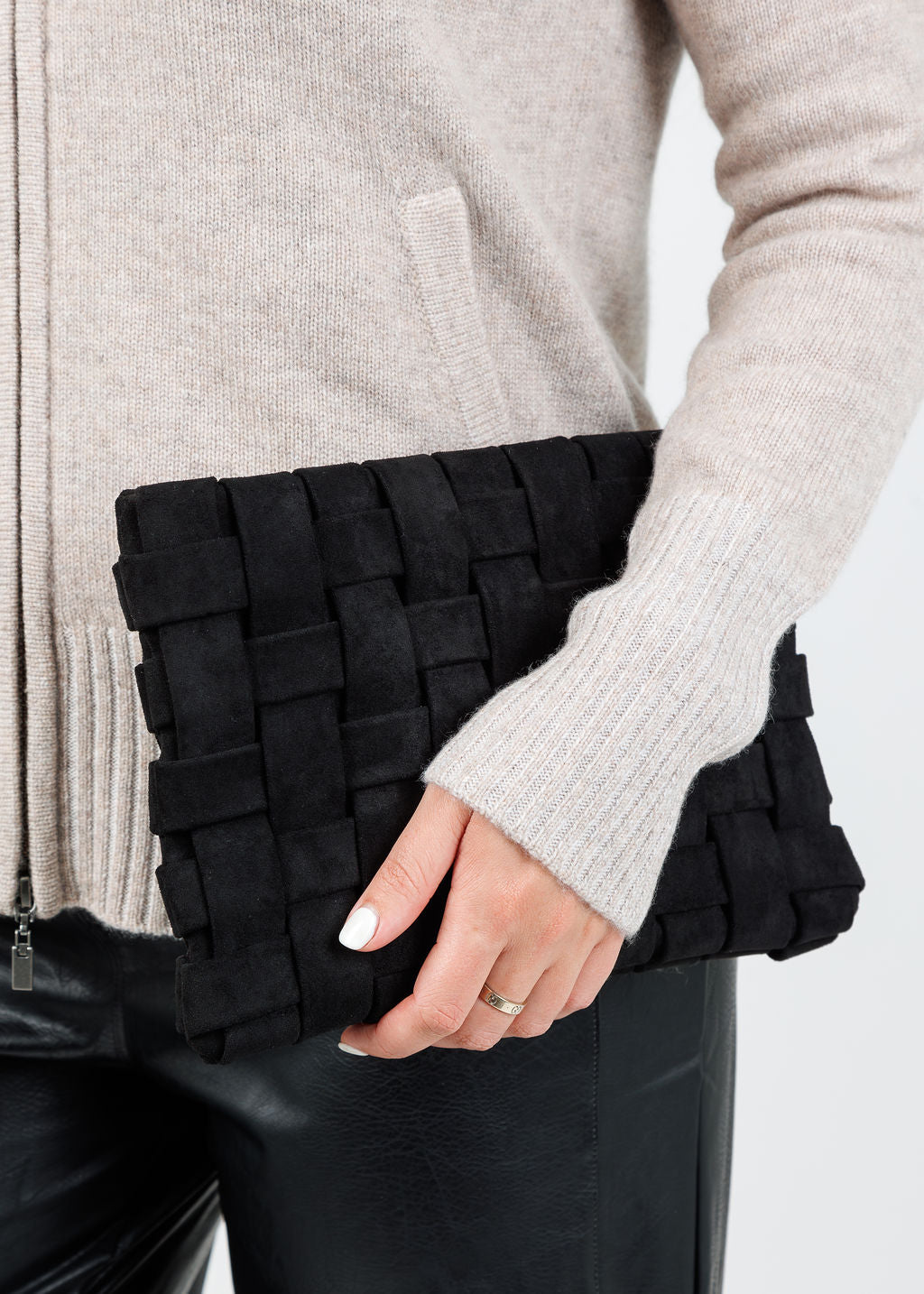 Remi/Reid Lindy Large Faux Suede Clutch Bag in Black available at Barbara Katz