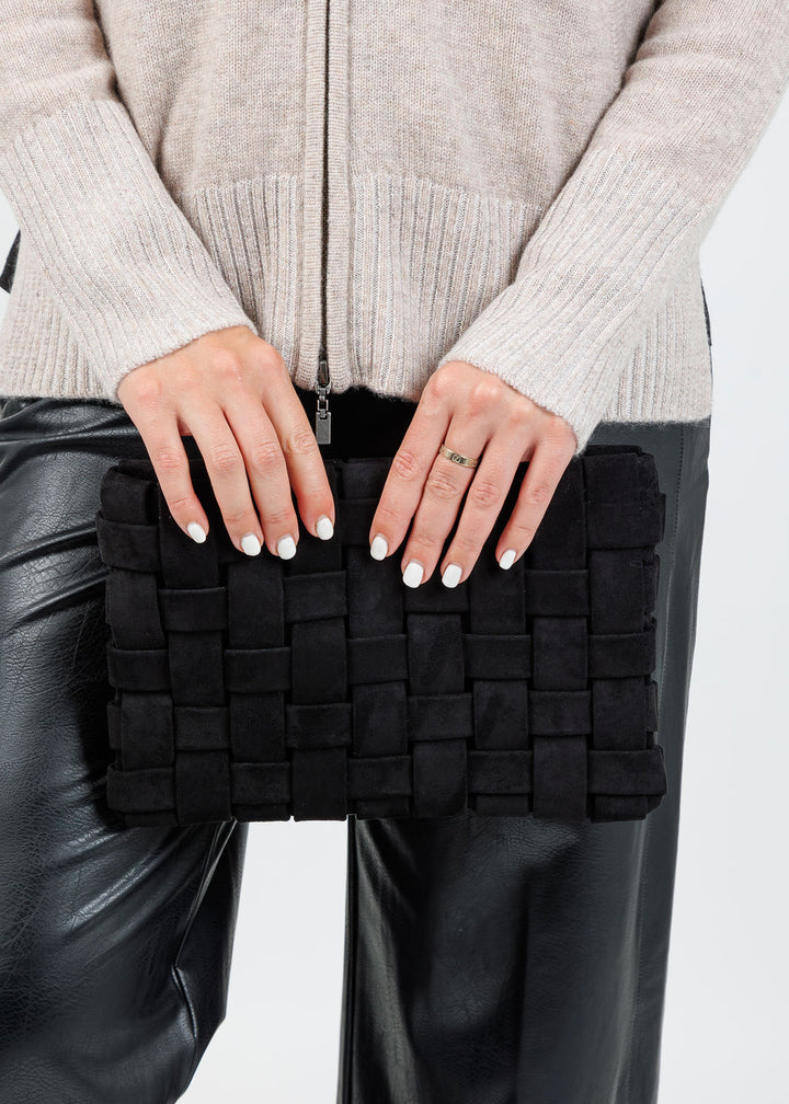 Remi/Reid Lindy Large Faux Suede Clutch Bag in Black available at Barbara Katz