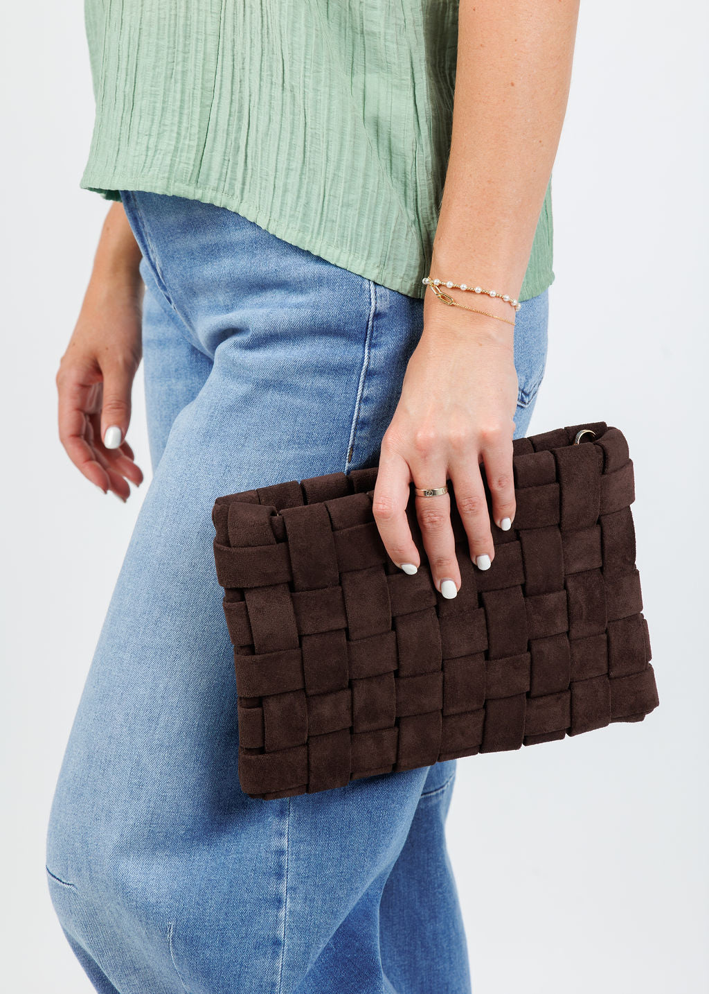 Remi/Reid Lindy Large Faux Suede Clutch Bag in Chocolate available at Barbara Katz