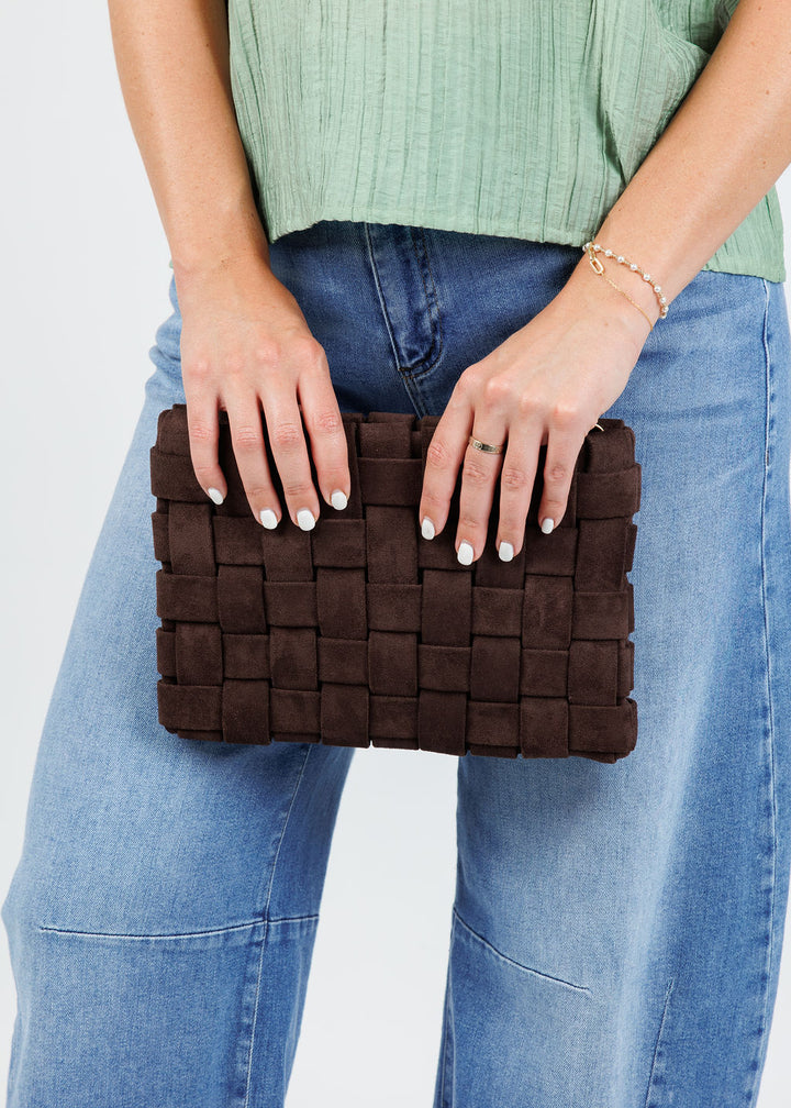 Remi/Reid Lindy Large Faux Suede Clutch Bag in Chocolate available at Barbara Katz