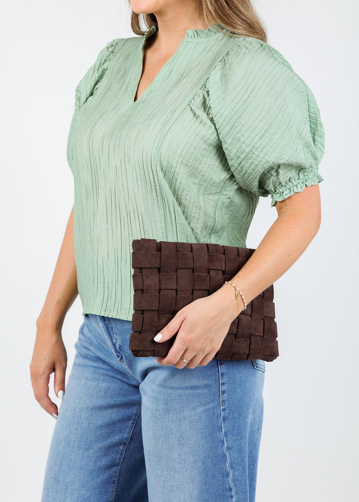 Remi/Reid Lindy Large Faux Suede Clutch Bag in Chocolate available at Barbara Katz