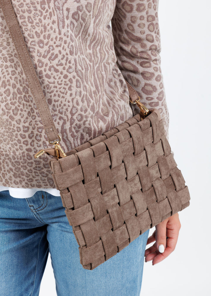 Remi/Reid Lindy Large Faux Suede Clutch Bag in Dark Taupe available at Barbara Katz