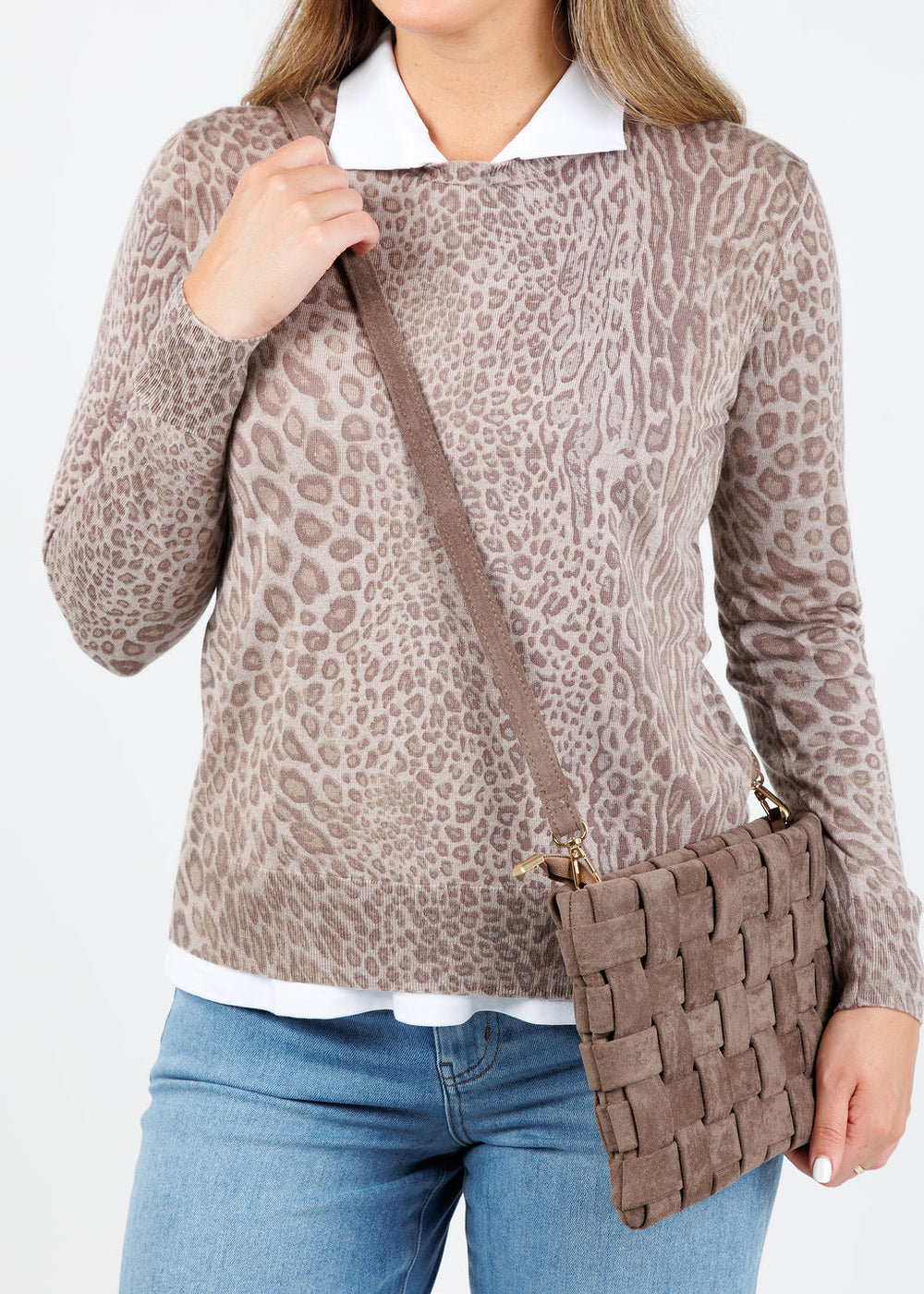Remi/Reid Lindy Large Faux Suede Clutch Bag in Dark Taupe available at Barbara Katz