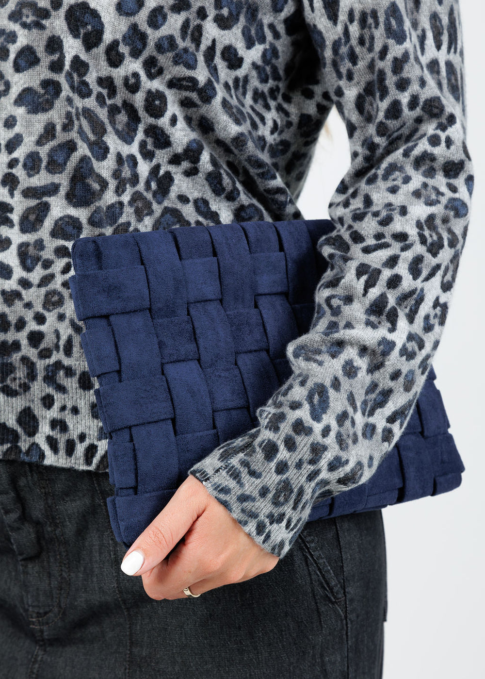 Remi/Reid Lindy Large Faux Suede Clutch Bag in Navy available at Barbara Katz