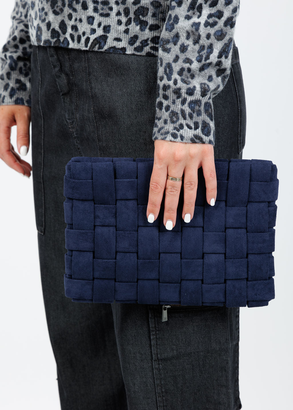 Remi/Reid Lindy Large Faux Suede Clutch Bag in Navy available at Barbara Katz