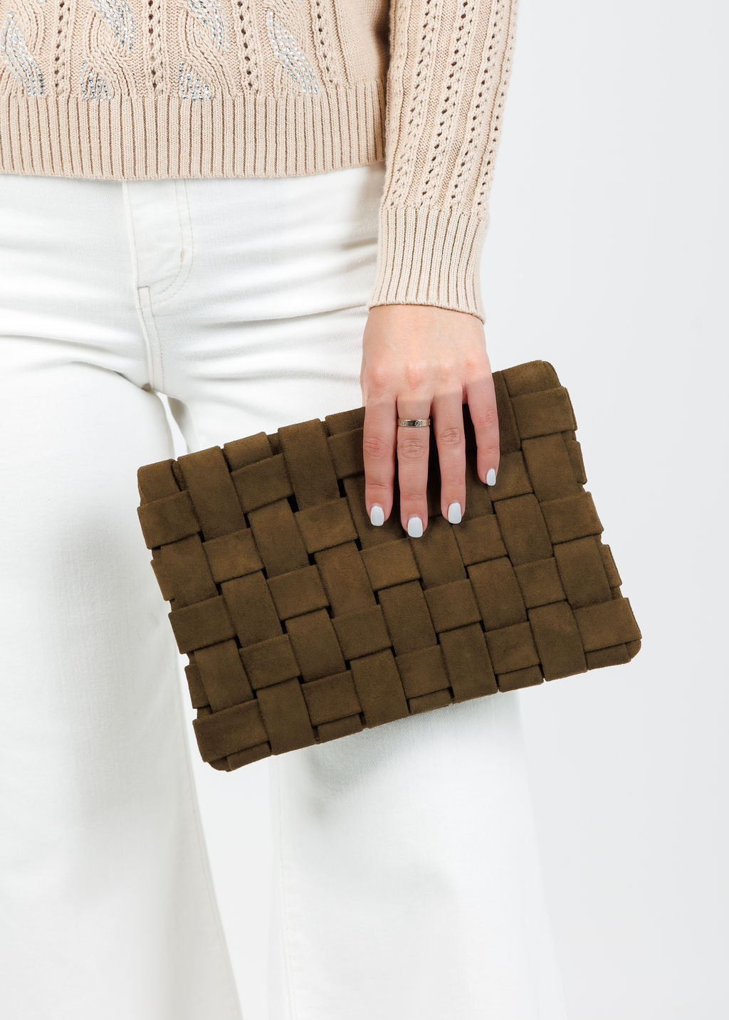 Remi/Reid Lindy Large Faux Suede Clutch Bag in Olive available at Barbara Katz