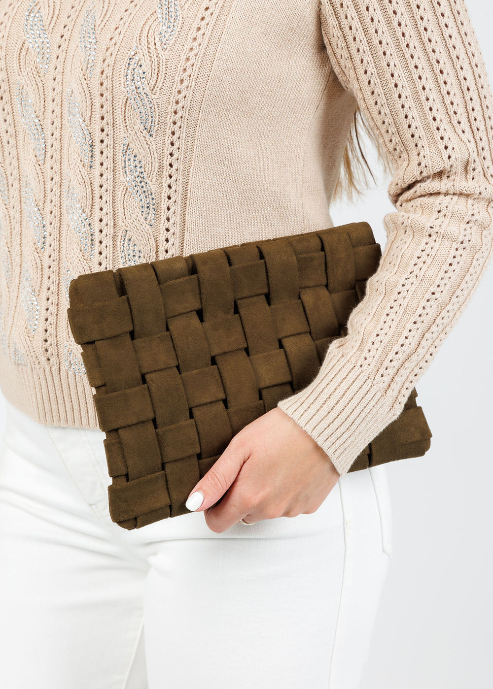 Remi/Reid Lindy Large Faux Suede Clutch Bag in Olive available at Barbara Katz