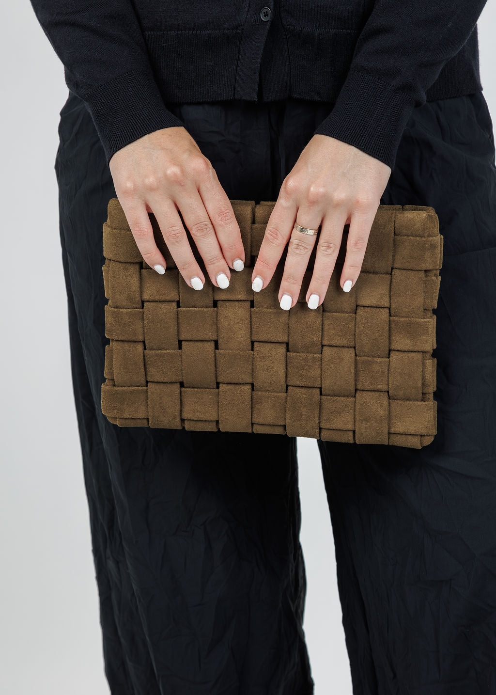 Remi/Reid Lindy Large Faux Suede Clutch Bag in Olive available at Barbara Katz