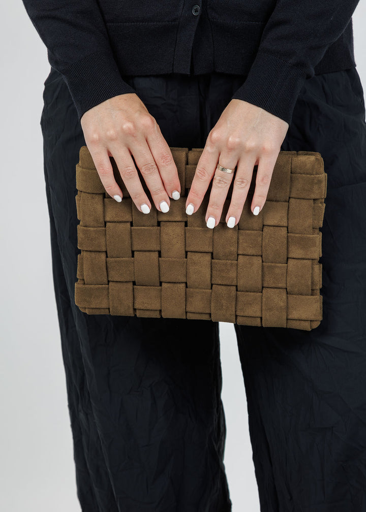 Remi/Reid Lindy Large Faux Suede Clutch Bag in Olive available at Barbara Katz