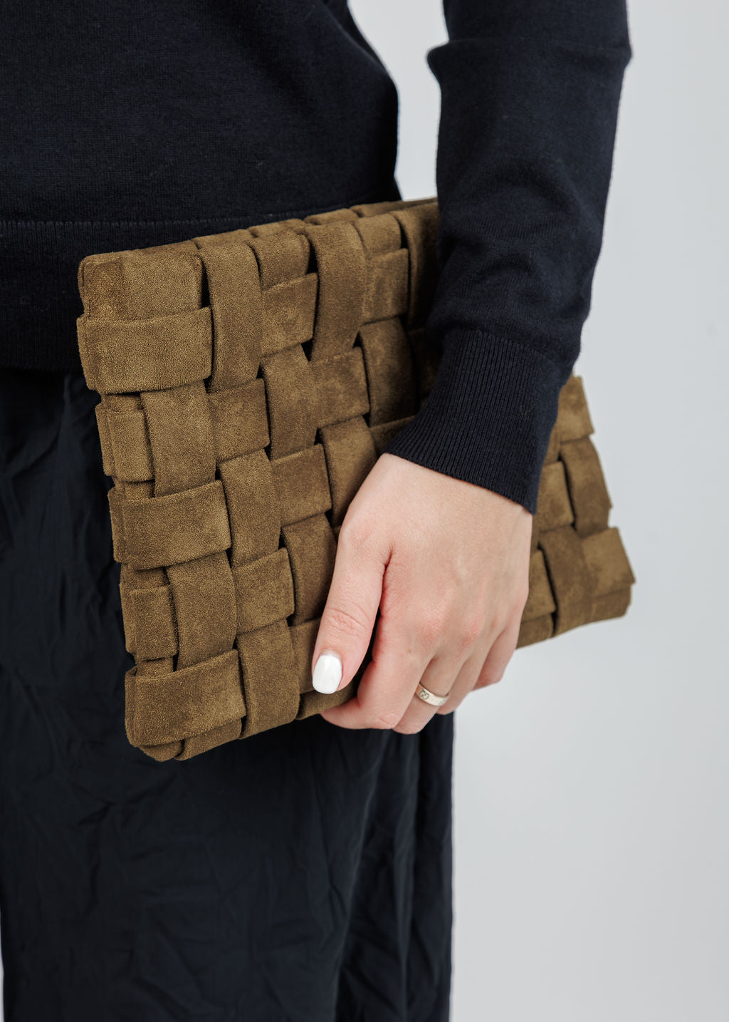 Remi/Reid Lindy Large Faux Suede Clutch Bag in Olive available at Barbara Katz