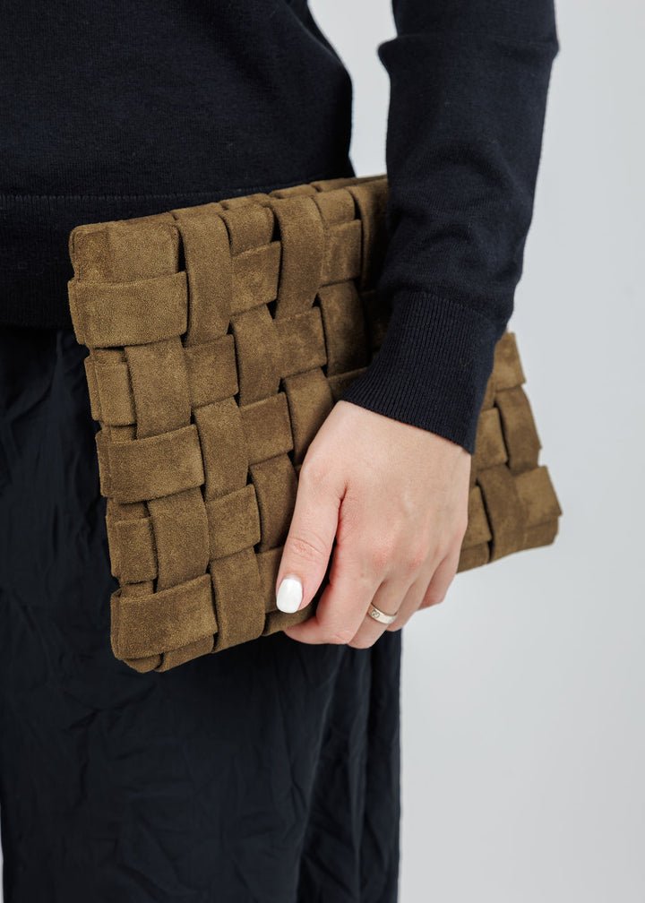 Remi/Reid Lindy Large Faux Suede Clutch Bag in Olive available at Barbara Katz