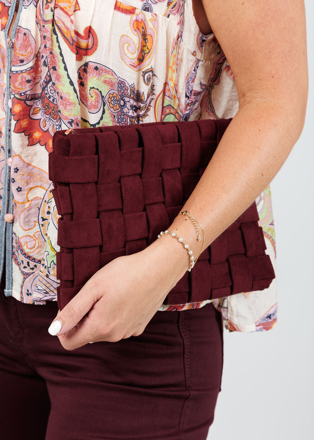 Remi/Reid Lindy Large Faux Suede Clutch Bag in Wine available at Barbara Katz