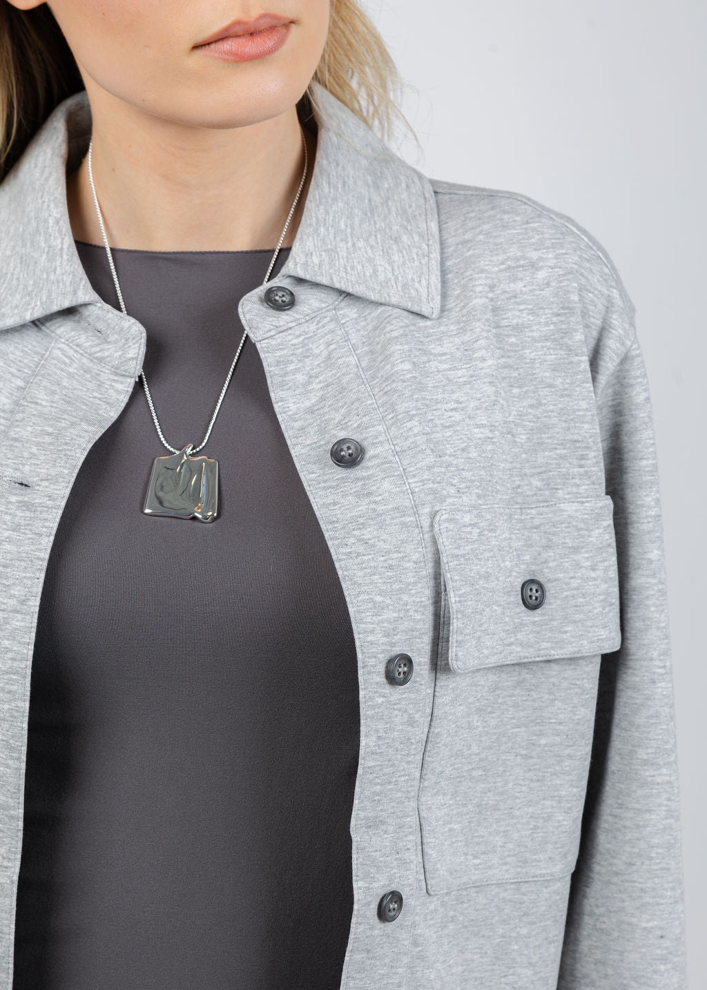 Repeat Button Front Blouse in Silver Grey available at Barbara Katz