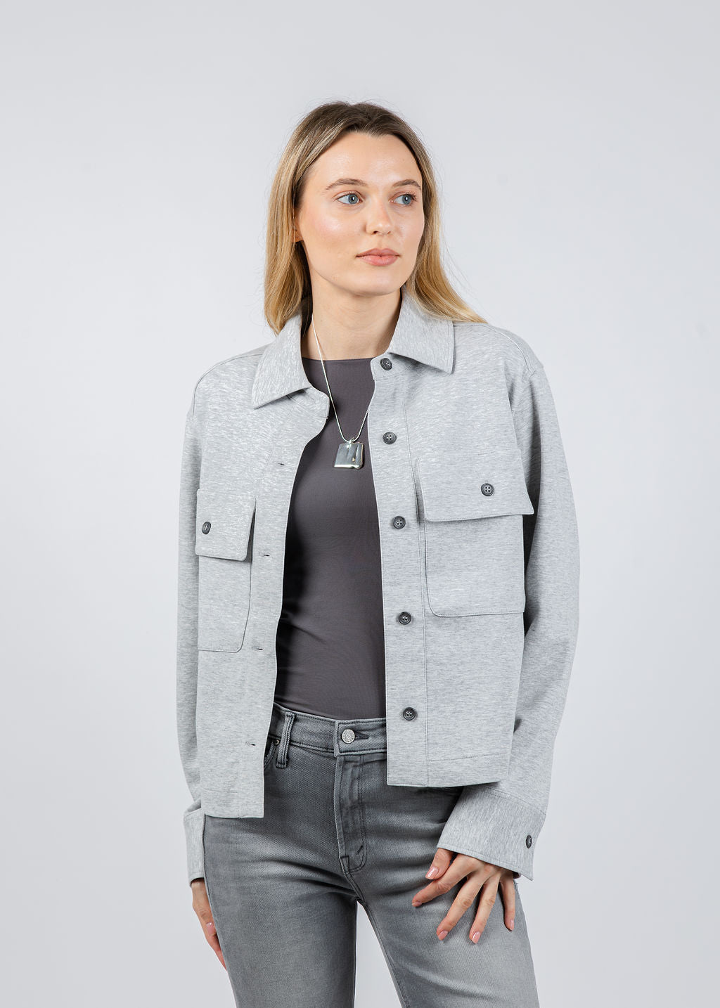 Repeat Button Front Blouse in Silver Grey available at Barbara Katz