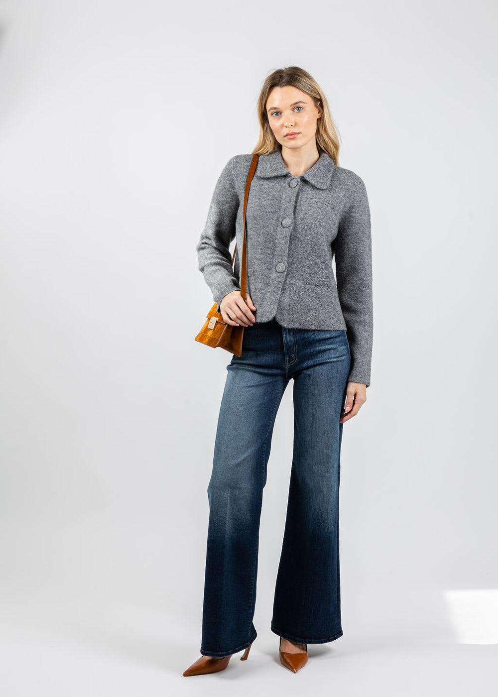 Repeat Cropped Bouclé Knit Collared Cardigan in Light Grey available at Barbara Katz