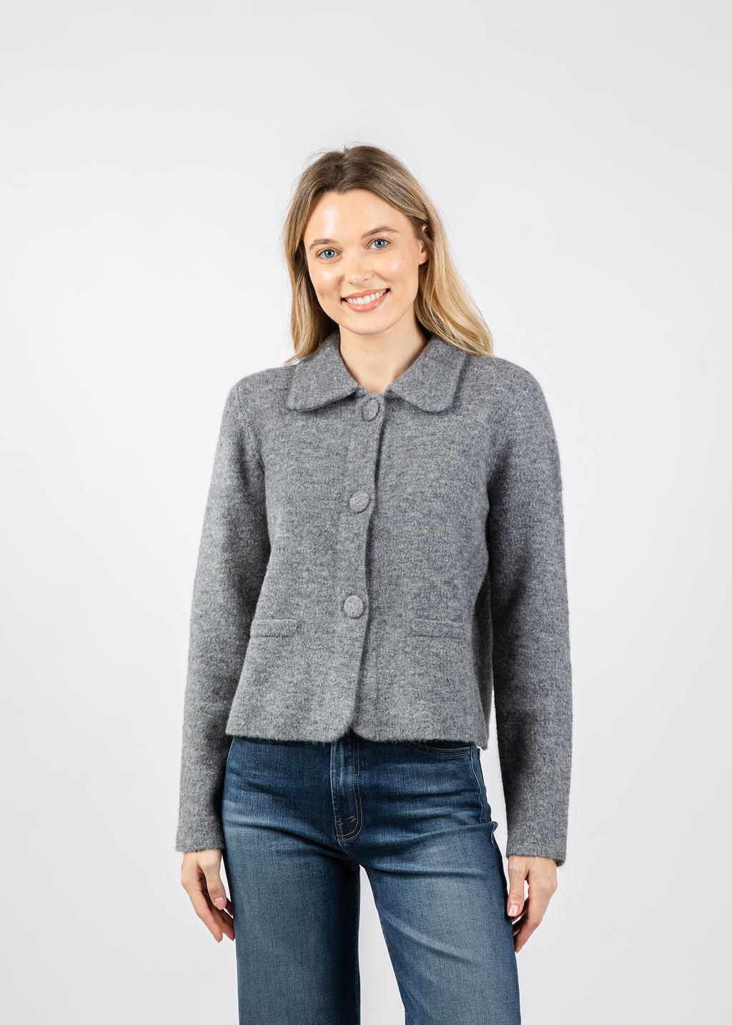 Repeat Cropped Bouclé Knit Collared Cardigan in Light Grey available at Barbara Katz