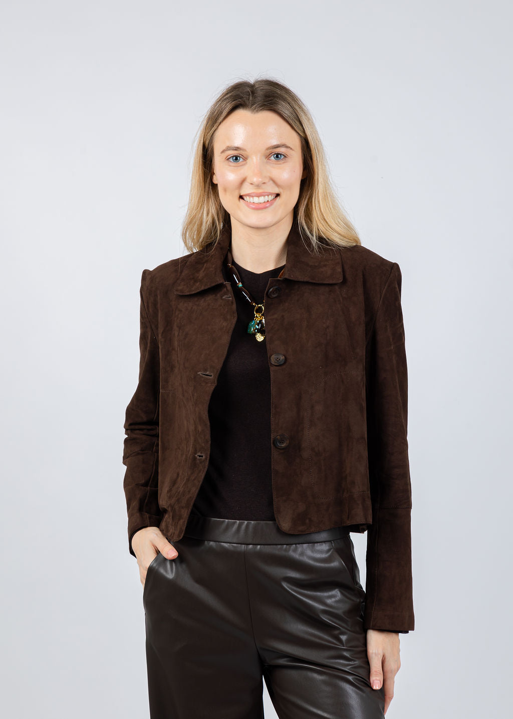 Repeat Suede Cropped Jacket in Morro available at Barbara Katz