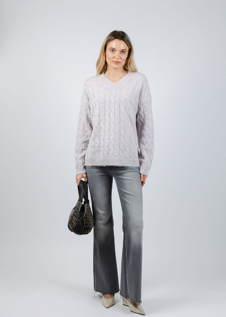 Repeat V-Neck Cashmere Sweater With Fringes in Snow available at Barbara Katz