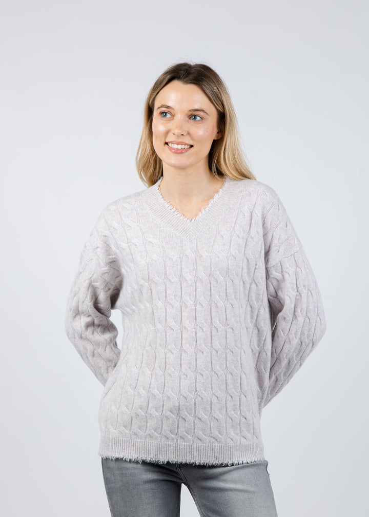 Repeat V-Neck Cashmere Sweater With Fringes in Snow available at Barbara Katz