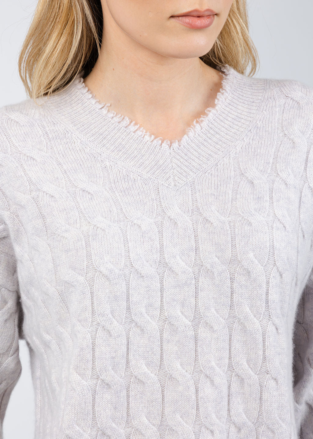 Repeat V-Neck Cashmere Sweater With Fringes in Snow available at Barbara Katz