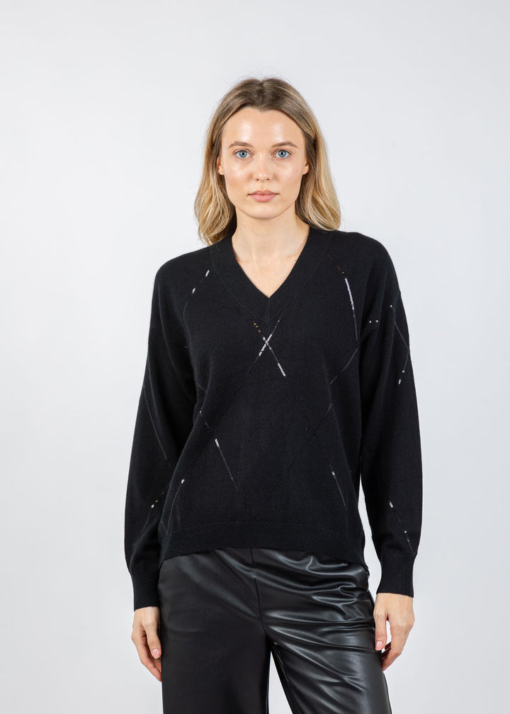 Repeat V-Neck Wool/Cashmere Sweater With Sequins in Black available at Barbara Katz