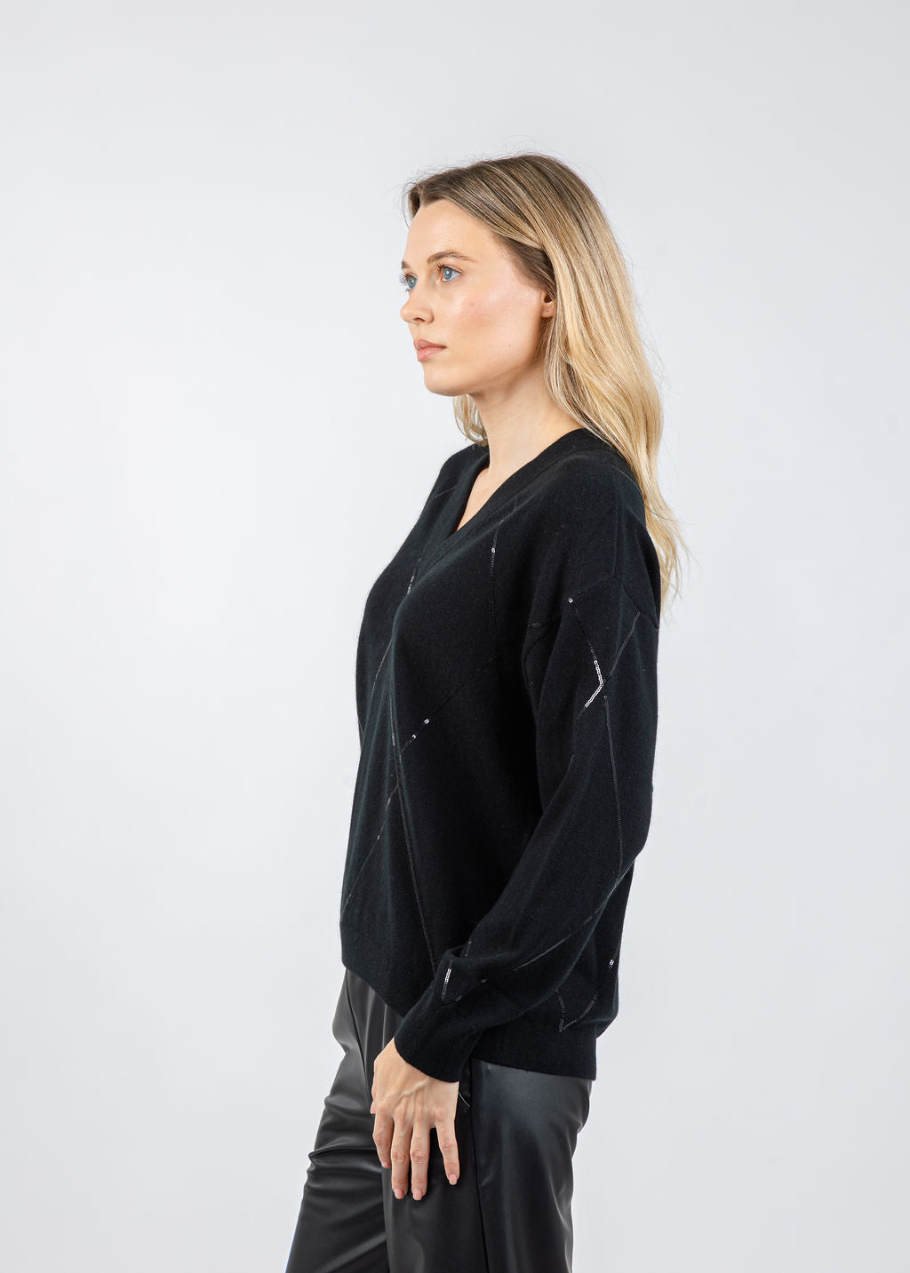Repeat V-Neck Wool/Cashmere Sweater With Sequins in Black available at Barbara Katz