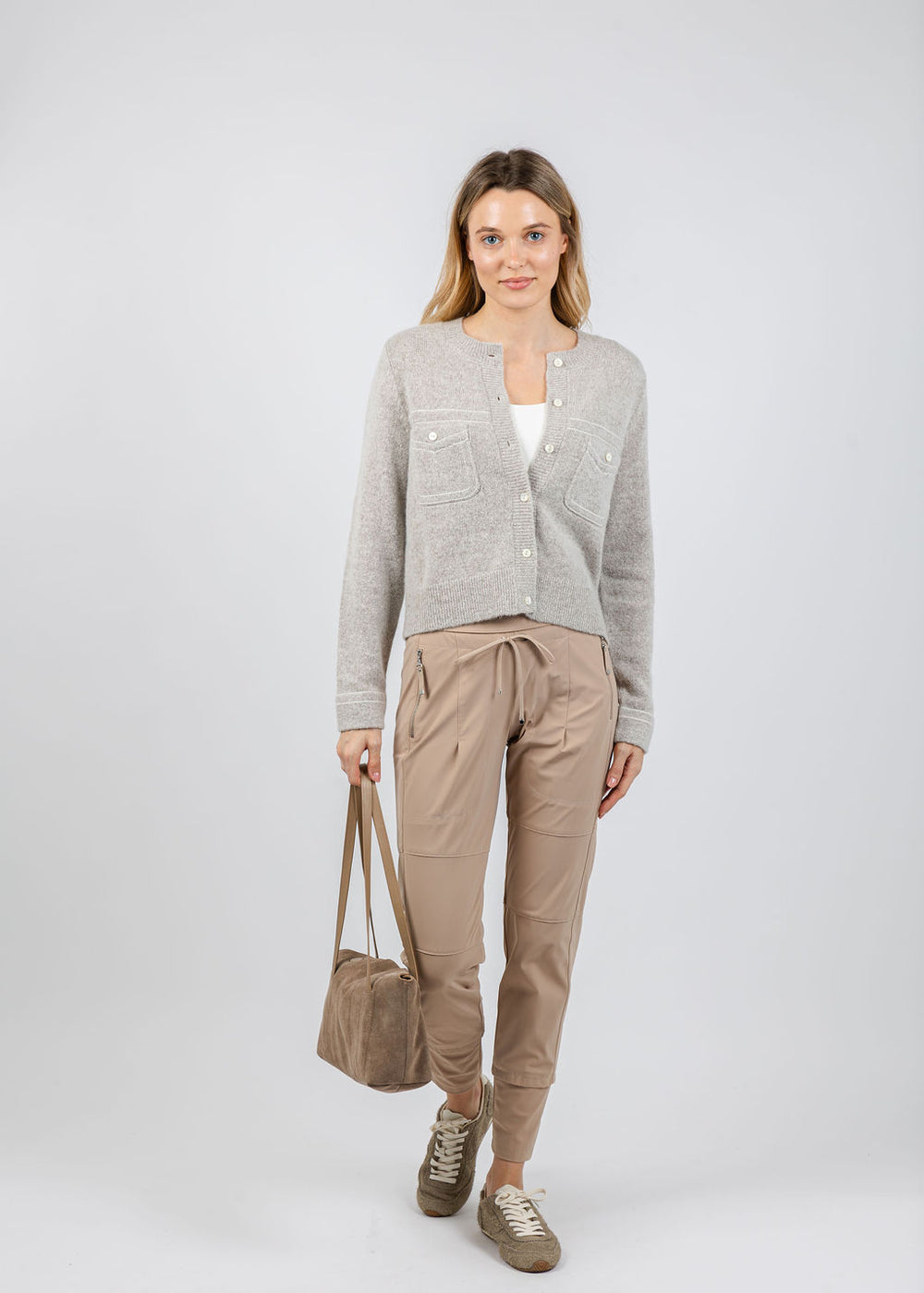 Repeat Wool/Cashmere Cardigan With Contrast Stitching in Hazel available at Barbara Katz