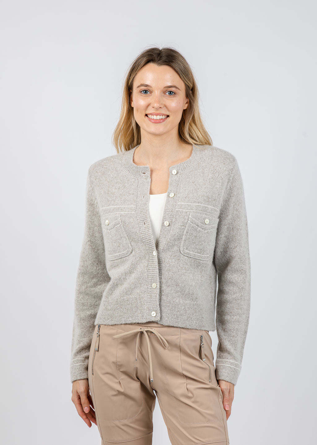 Repeat Wool/Cashmere Cardigan With Contrast Stitching in Hazel available at Barbara Katz