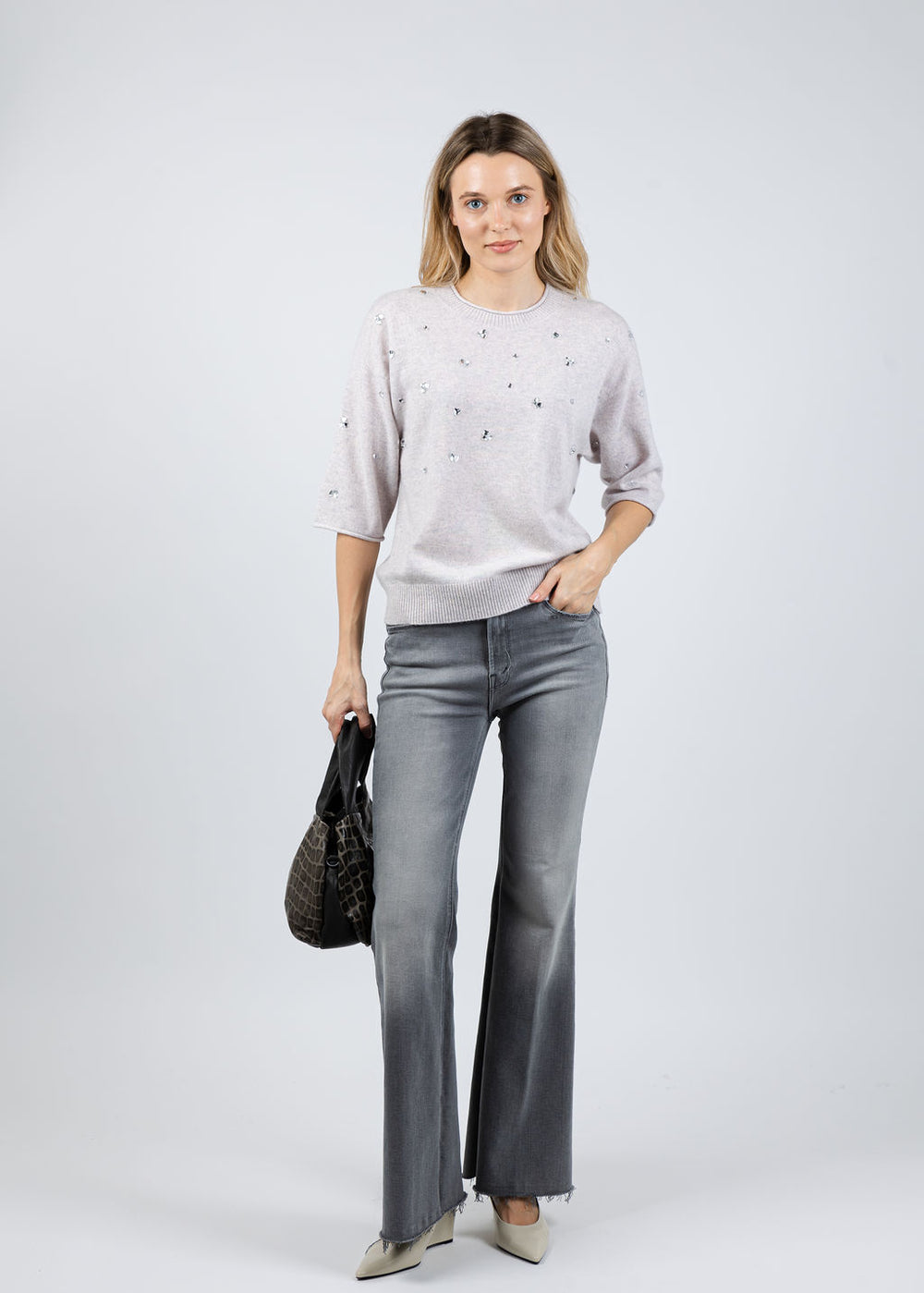 Repeat Cashmere Embellished Sweater in Snow available at Barbara Katz