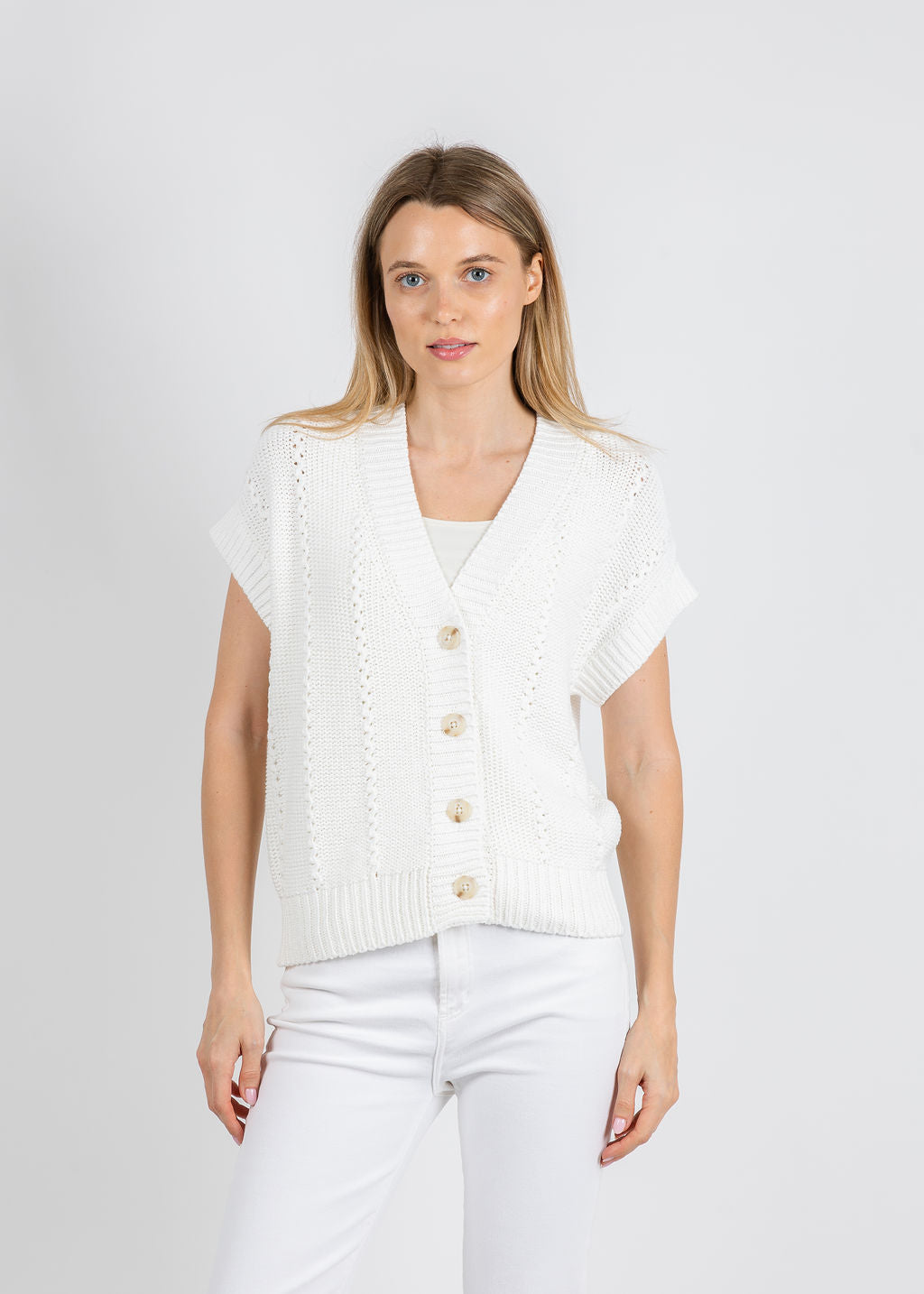 Repeat Cable Detail Cardigan in White available at Barbara Katz