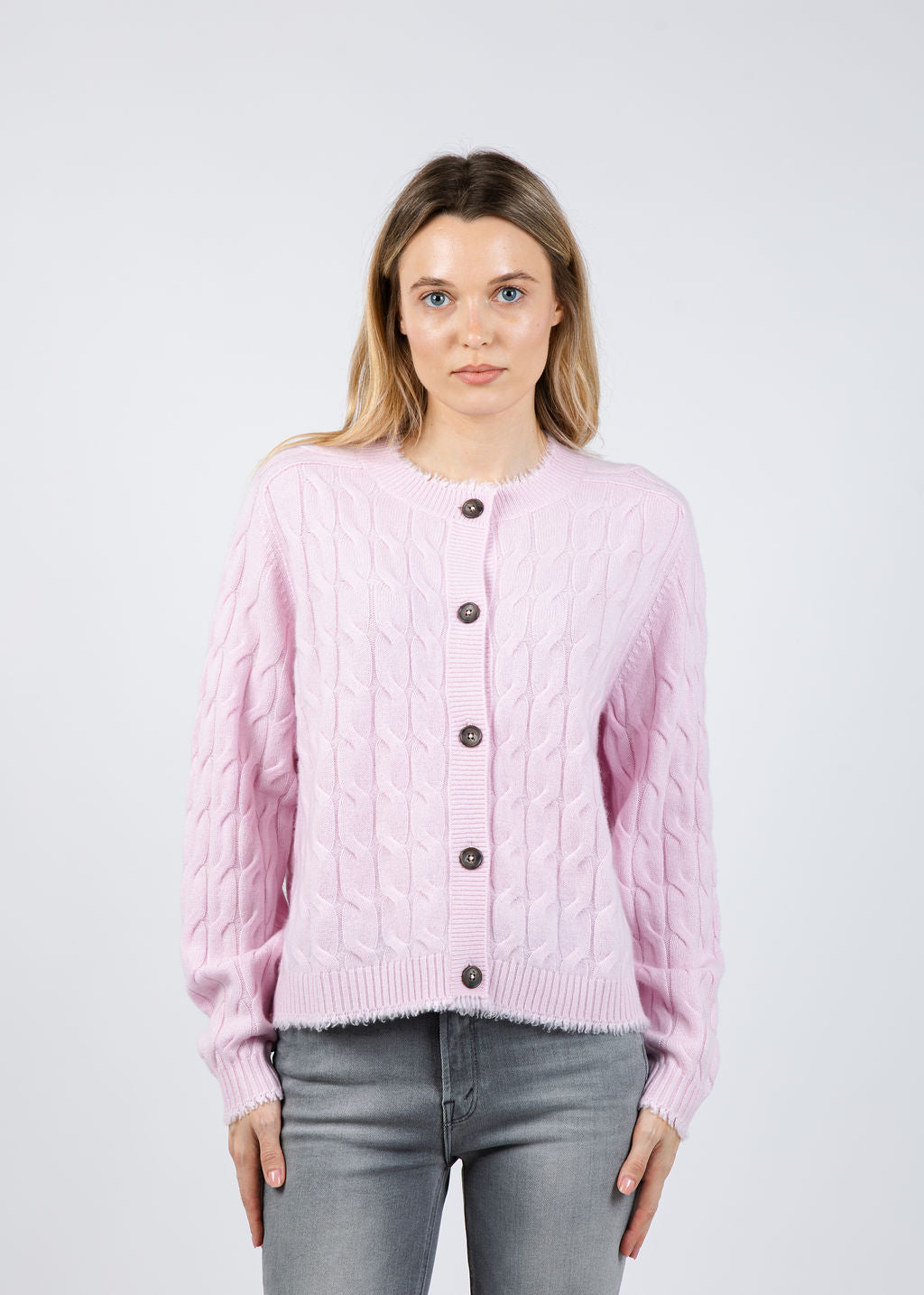 Repeat Cable Knit Cardigan With Fringes in Rose available at Barbara Katz