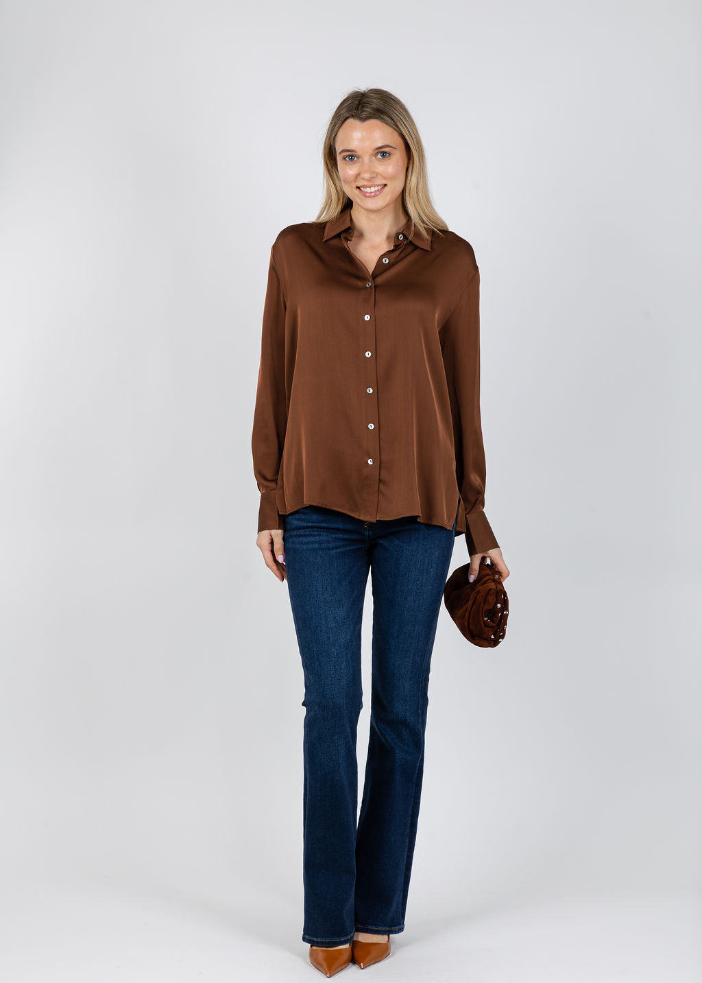 Repeat Classic Silk Blouse in Brown available at Barbara Katz