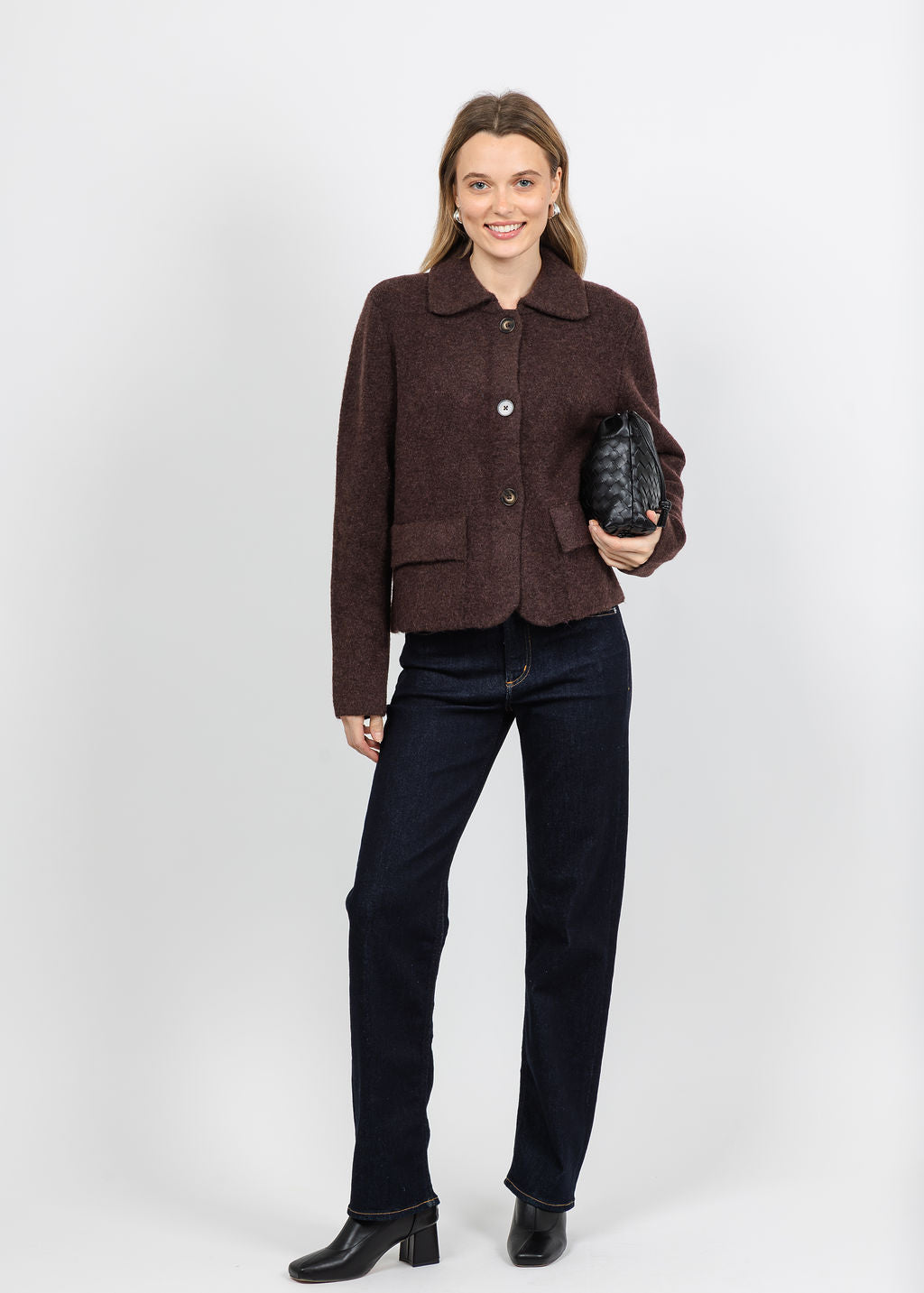 Repeat Collared Cardigan in Chocolate available at Barbara Katz