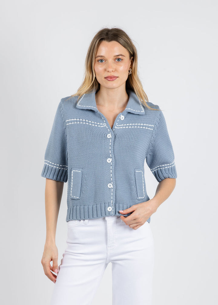 Repeat Contrast Trim Knit Cardigan in Denim available at Barbara Katz