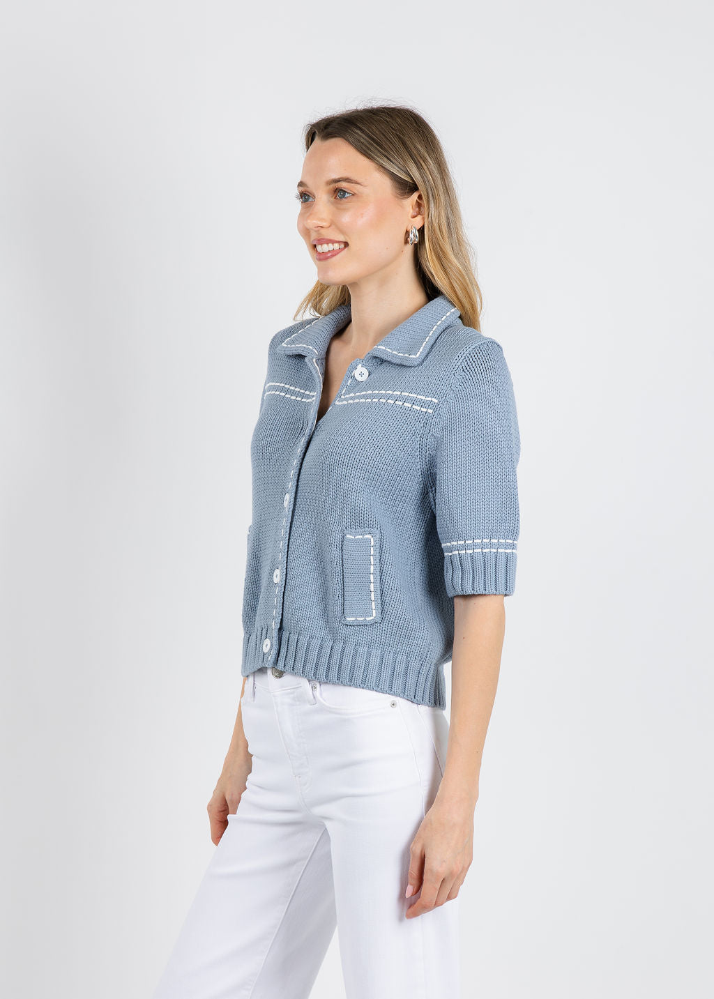 Repeat Contrast Trim Knit Cardigan in Denim available at Barbara Katz