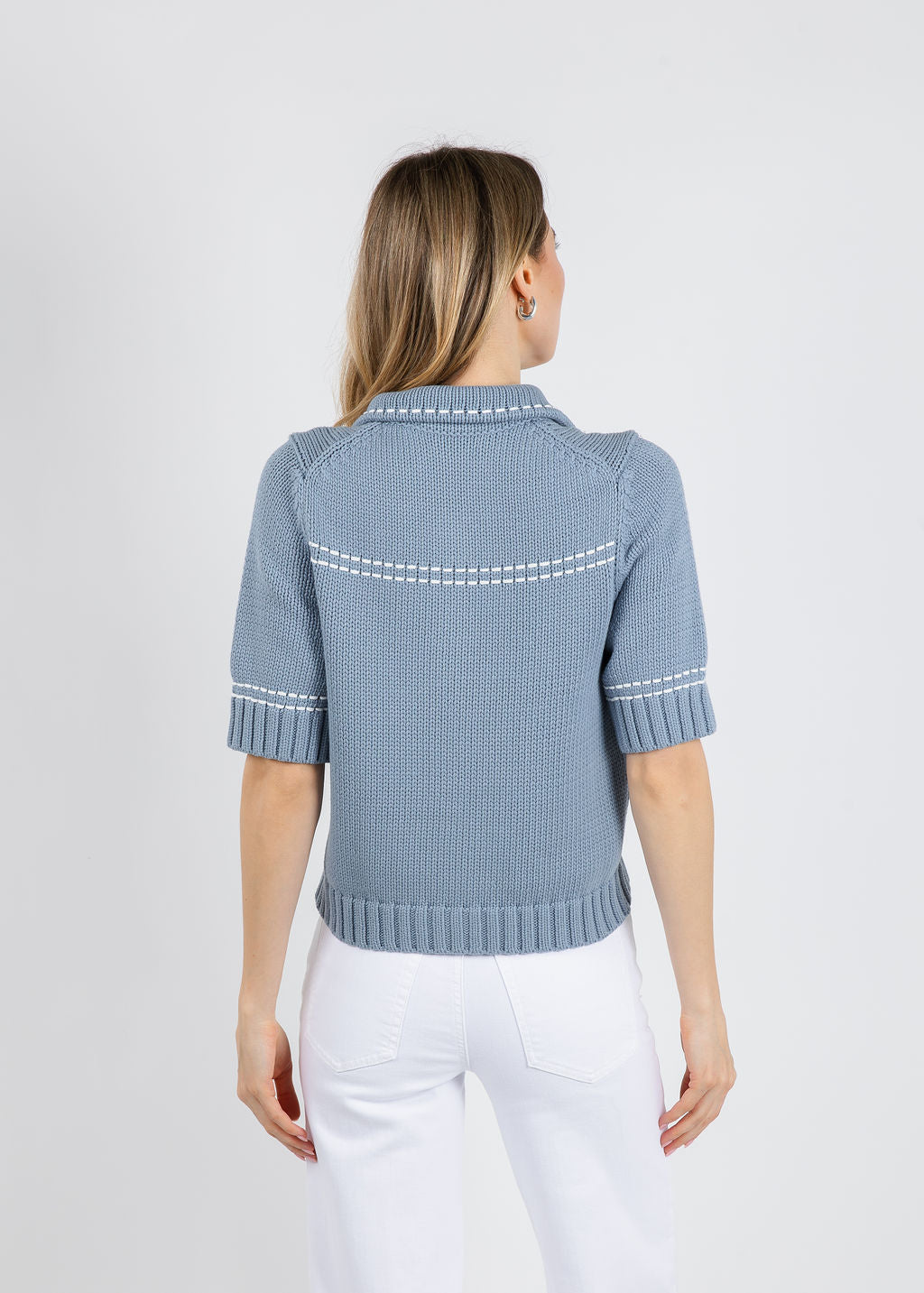 Repeat Contrast Trim Knit Cardigan in Denim available at Barbara Katz