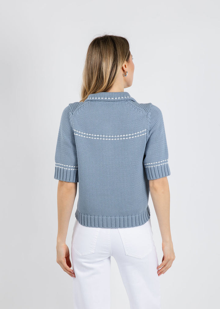 Repeat Contrast Trim Knit Cardigan in Denim available at Barbara Katz