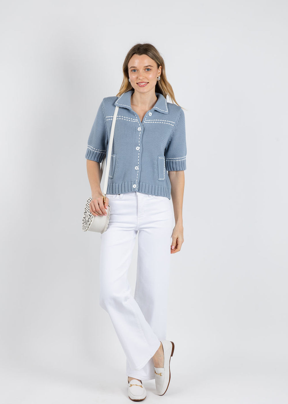 Repeat Contrast Trim Knit Cardigan in Denim available at Barbara Katz