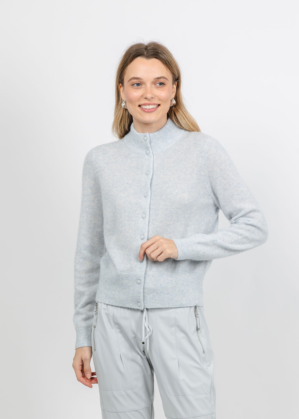 Repeat Covered Button Cardigan in Arctic available at Barbara Katz