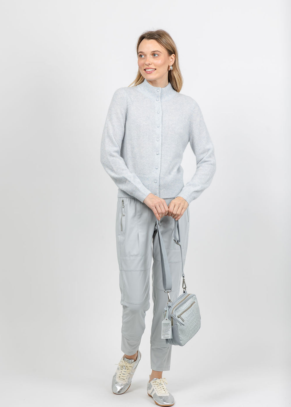 Repeat Covered Button Cardigan in Arctic available at Barbara Katz