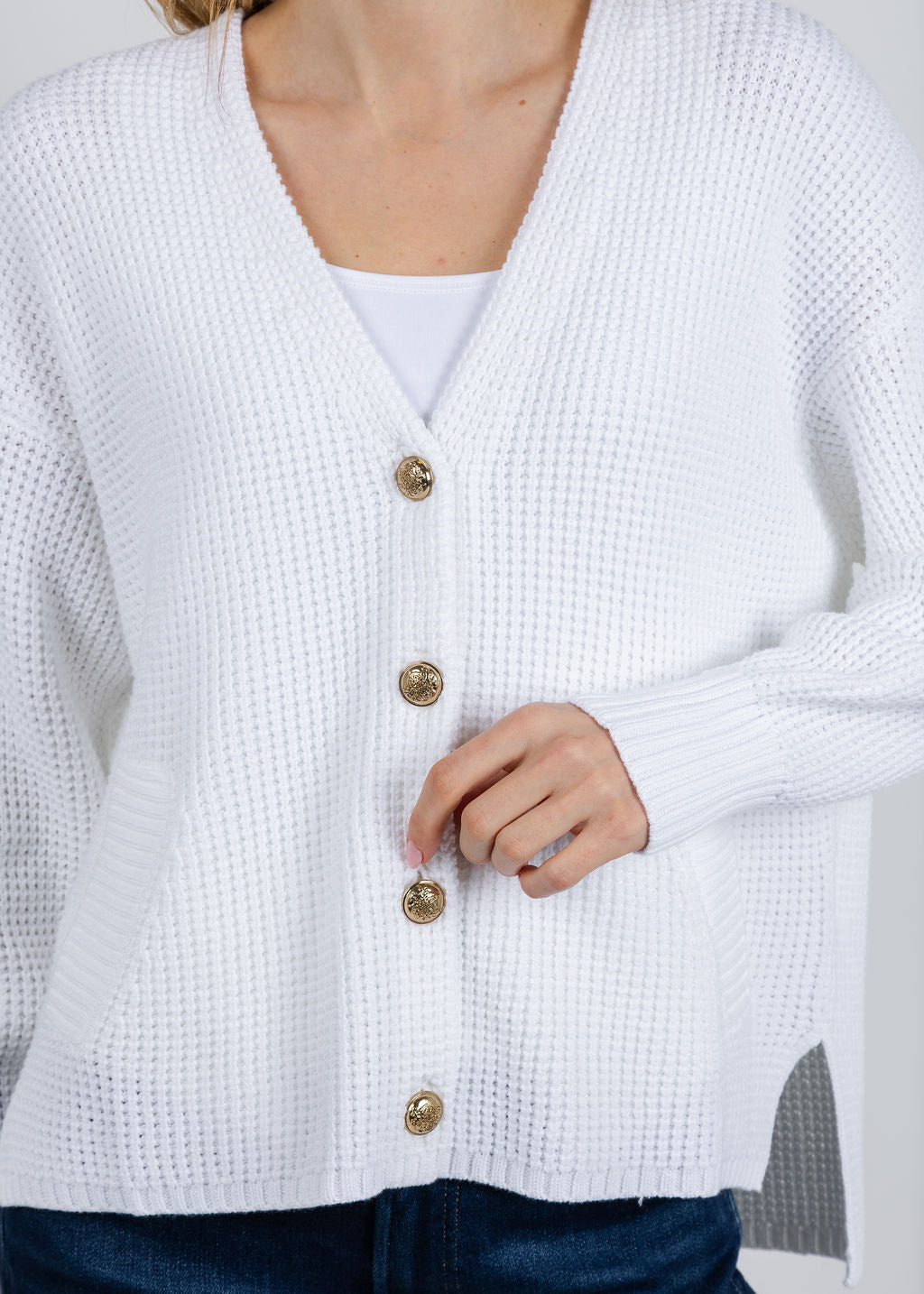 Repeat Hi-Low Waffle Cardigan in White available at Barbara Katz