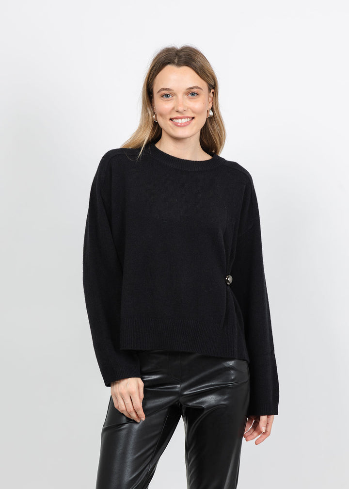 Repeat Metallic Side Button Pullover Sweater in Black available at Barbara Katz