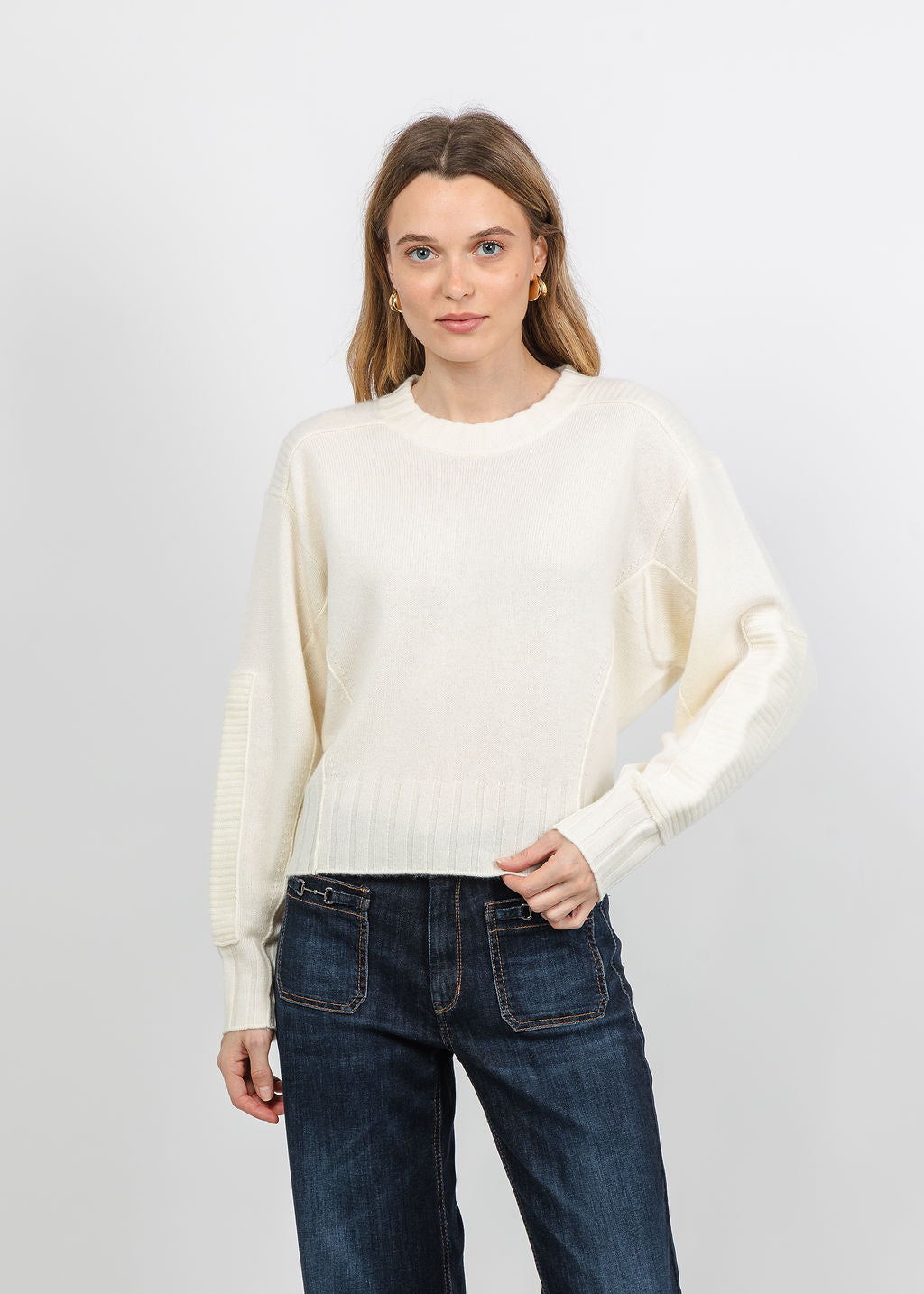 Repeat Pleated Batwing Sleeve Pullover Sweater in Cream available at Barbara Katz