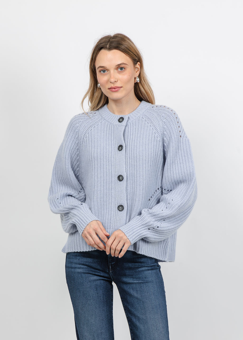 Repeat Pointelle Sleeve Detail Cardigan in Dust available at Barbara Katz
