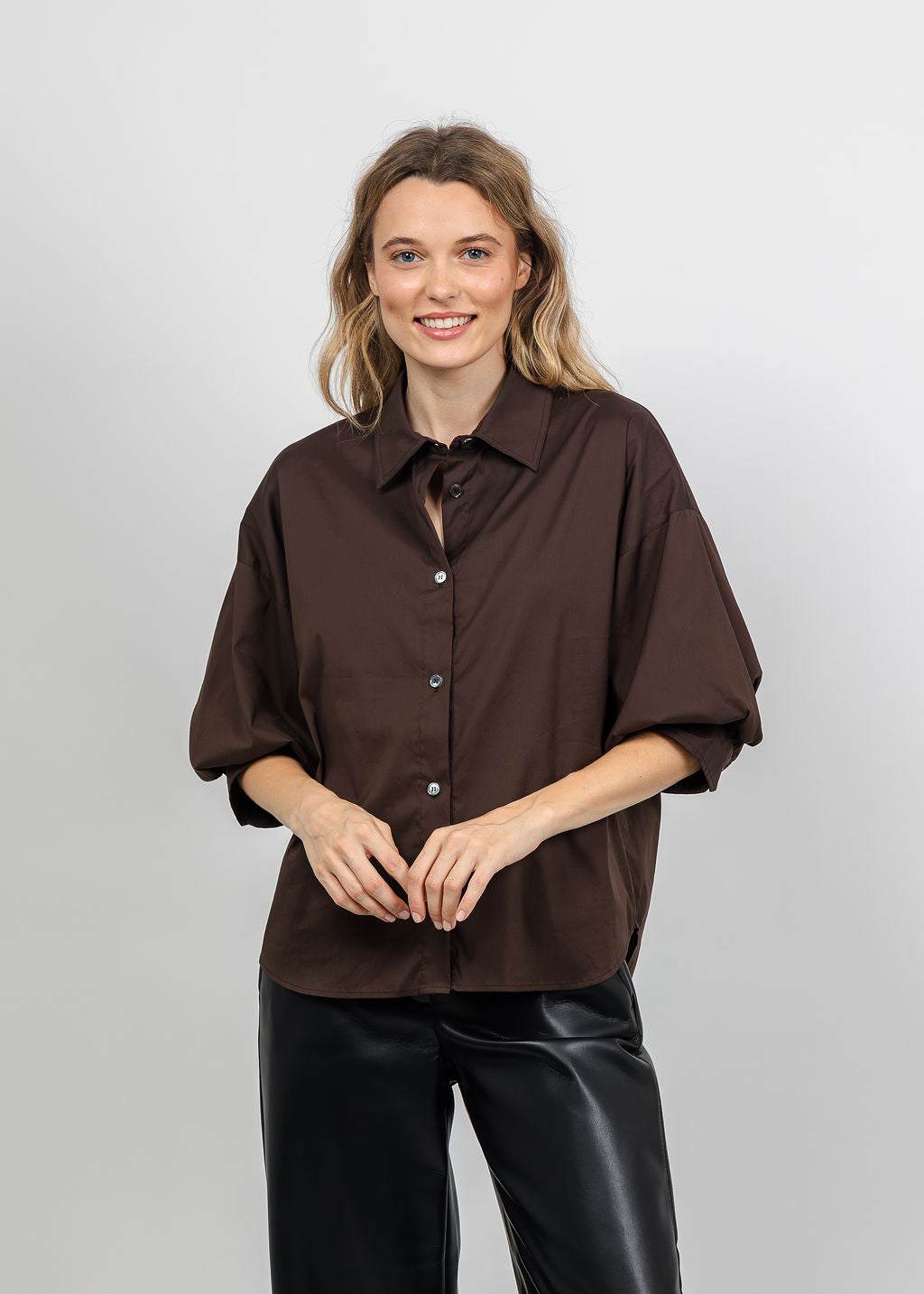 Repeat Puff Sleeve Blouse in Cocoa available at Barbara Katz