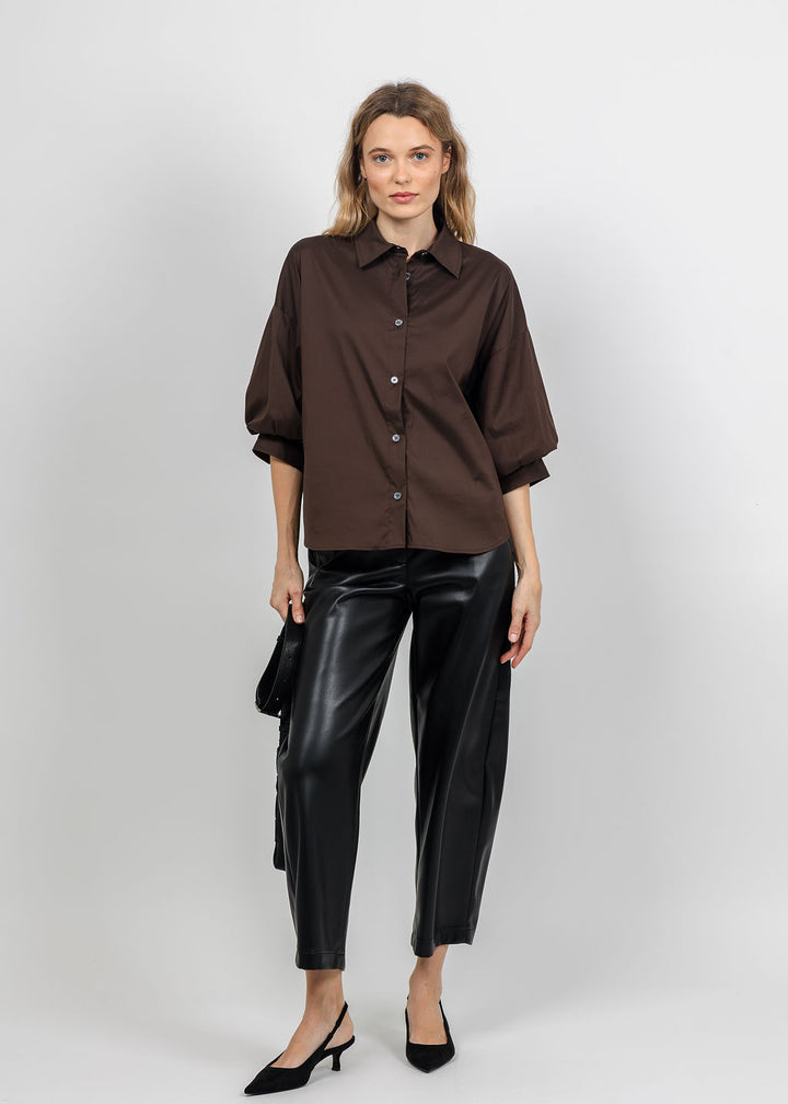 Repeat Puff Sleeve Blouse in Cocoa paired with Raffaello Rossi Phibi 7/8 Vegan Leather Pant in Black available at Barbara Katz