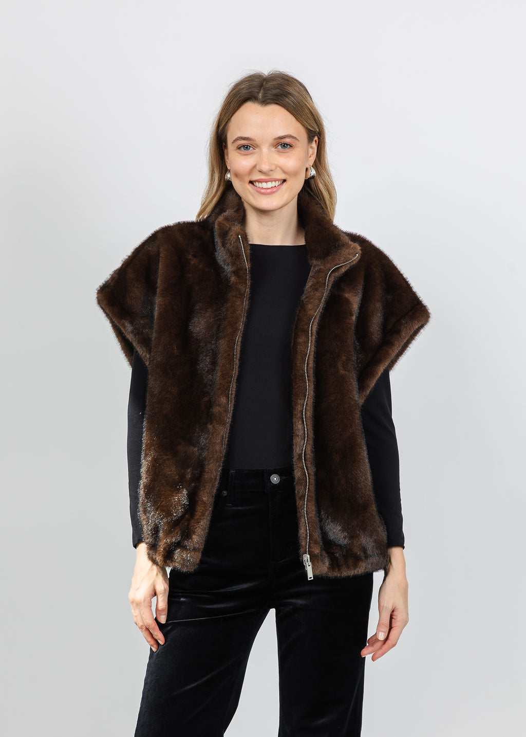 Repeat Reversible Faux Mink Vest in Choco available at Barbara Katz